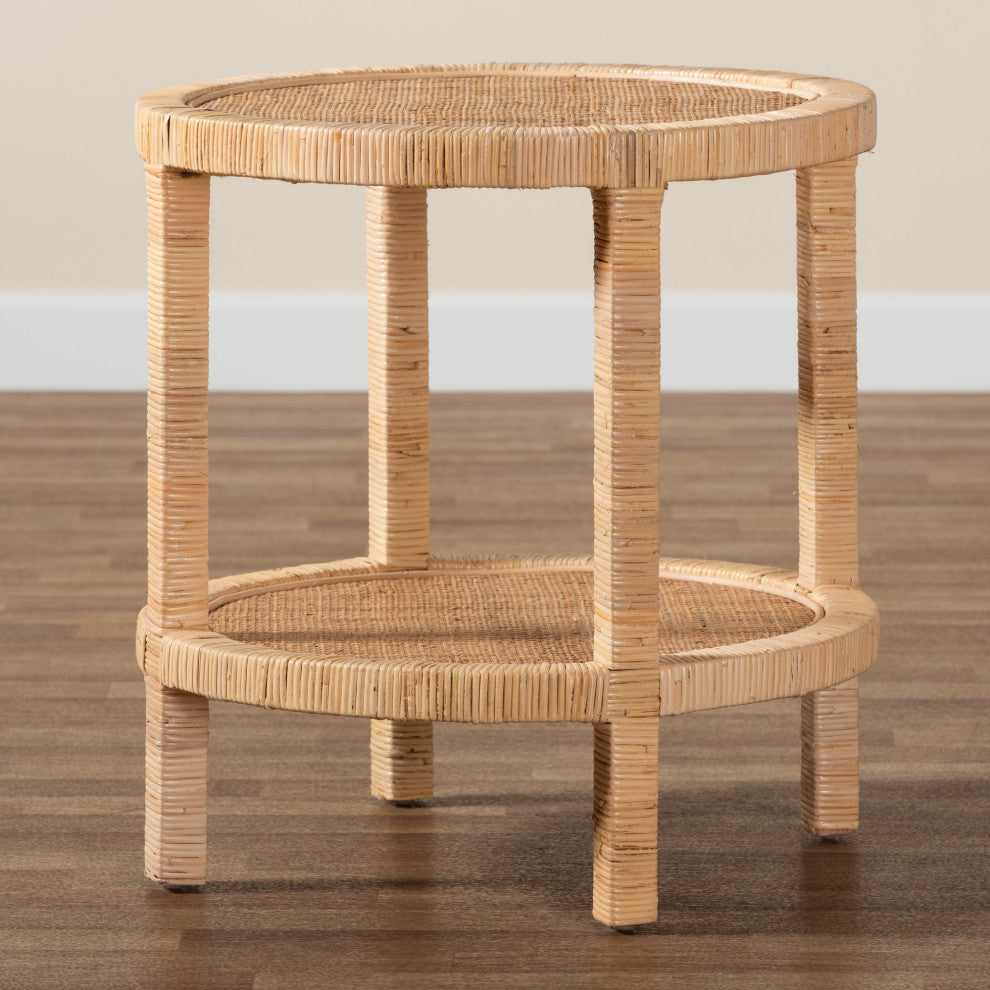 Bella Bohemian Natural Brown Mahogany Wood and Natural Rattan 2-Tier End Table