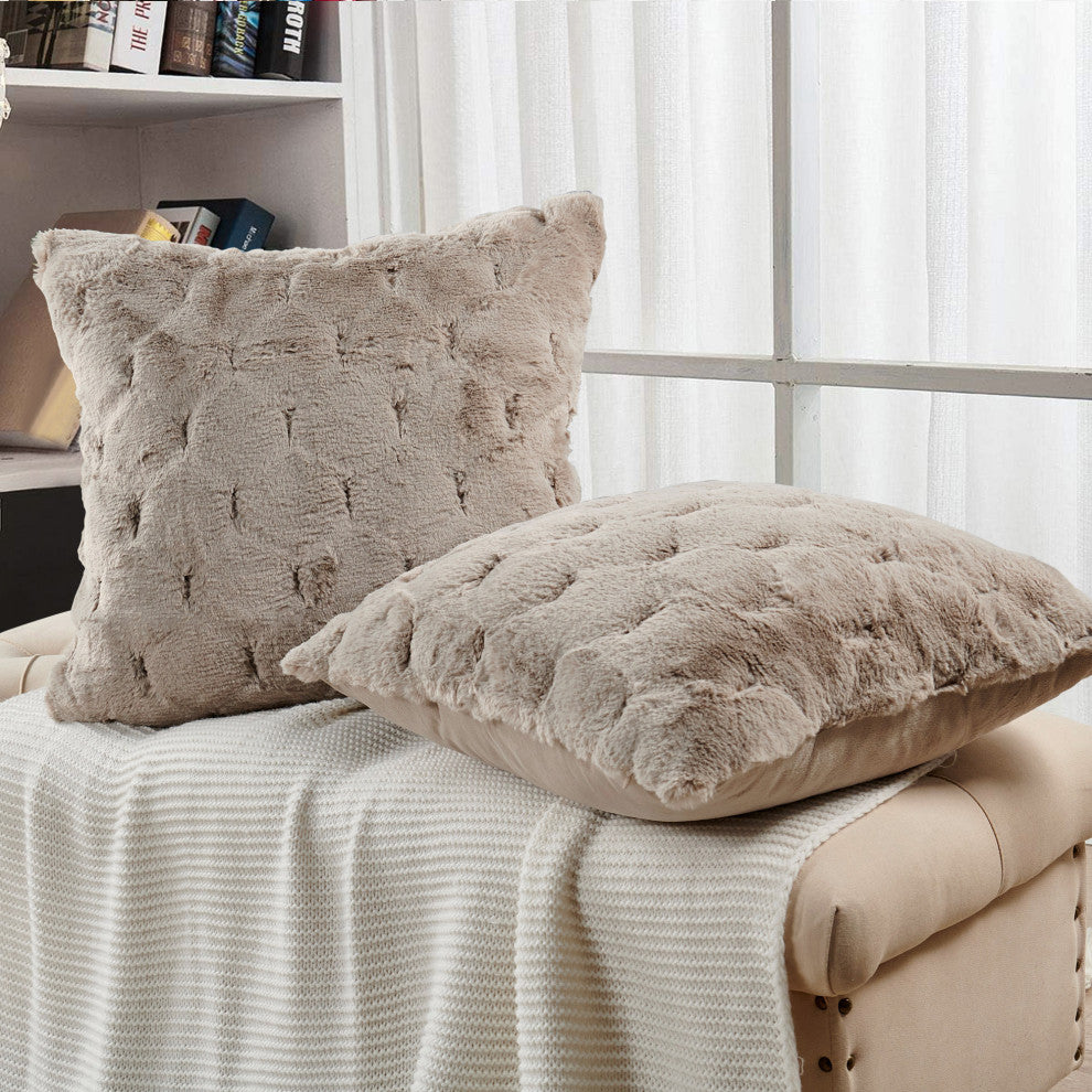 Jacquard Rabbit Faux Fur Pillow Cover 2 Piece Set, Taupe, 20" X 20"
