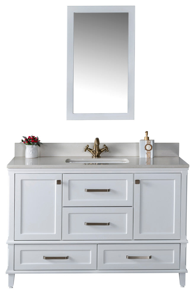 Nera Collection 48" Bath Vanity Quartz Top and Ceramic Sink, White, 48"