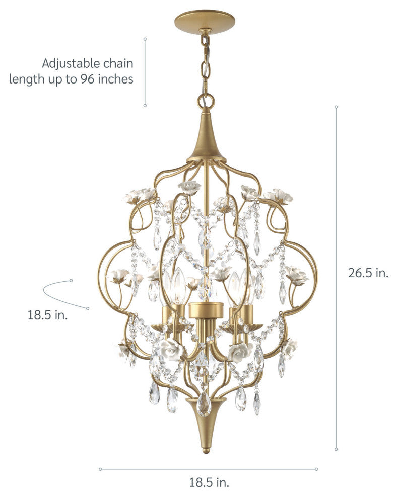 Floral 4-Light Chandelier With Cream Ceramic Roses and Acrylic Beads