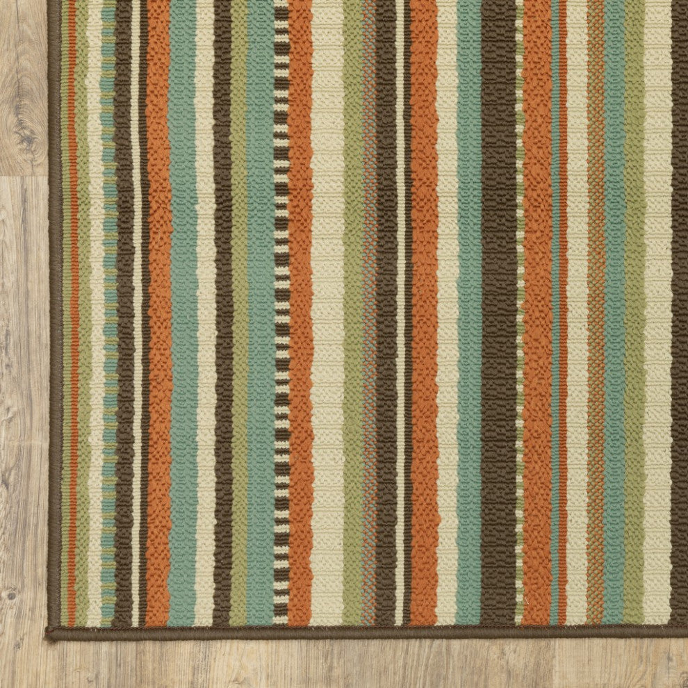 7??10??Green And Brown Striped Indoor Outdoor Area Rug