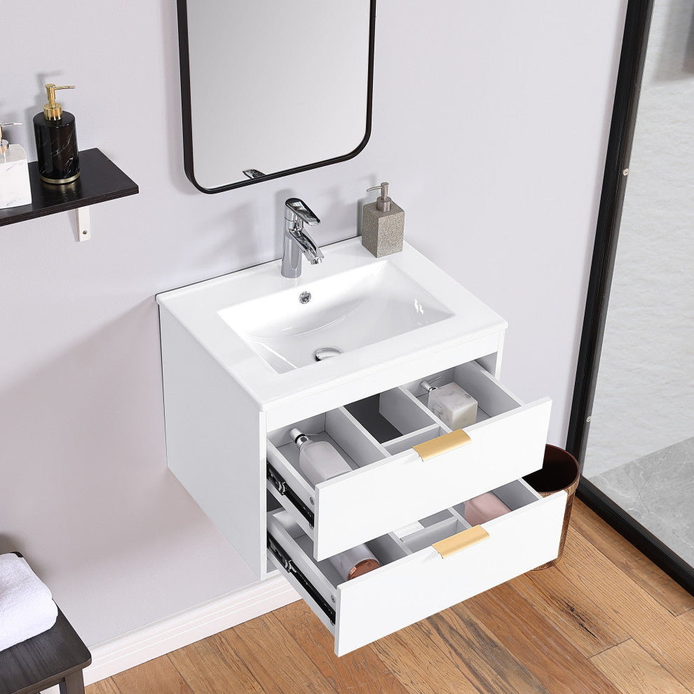 24" MDF Wall Mounted Bath Vanity, Integrated Ceramic Sink, White