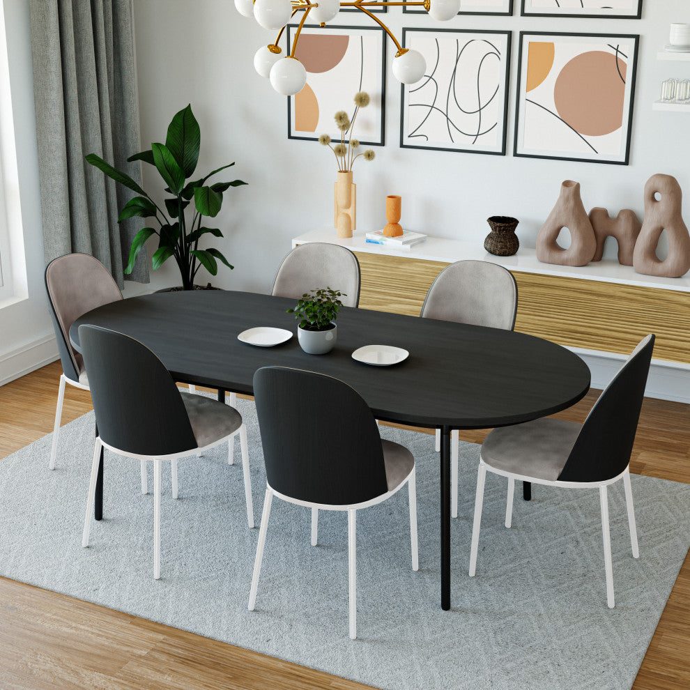 LeisureMod Tule Dining Chair With Upholstered Seat and White Steel Frame, Black/Charcoal