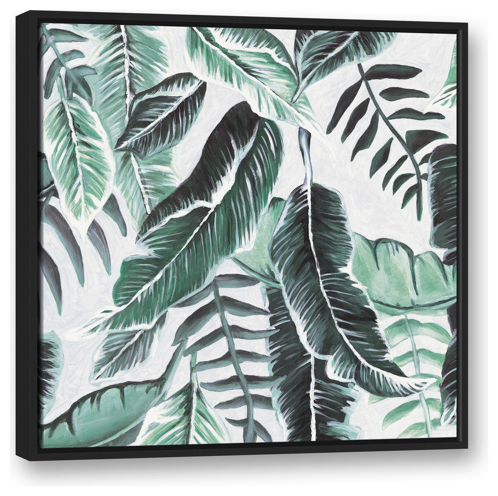 Fresh Green Tropical Palm Leaves 30x30 Black Floating Framed Canvas