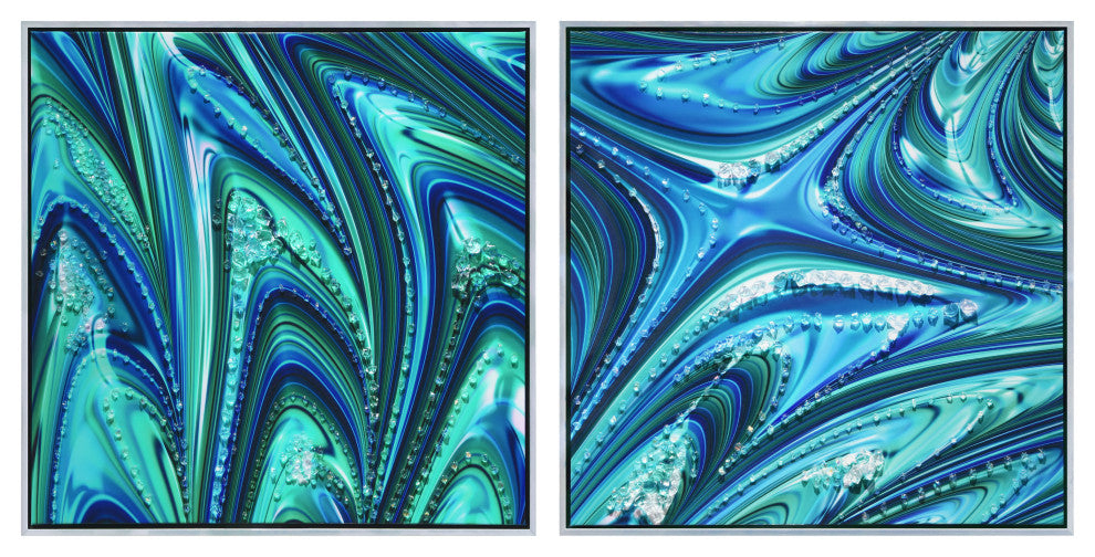Ocean Waves I & II Crystallus Epoxy Coated Wrapped Framed Blue Canvas Wall Art