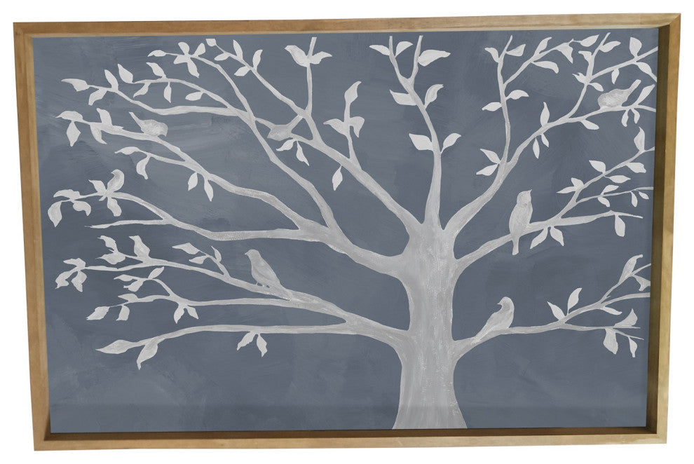 Pretty Gray and White Birds in Tree Framed Canvas Wall Art