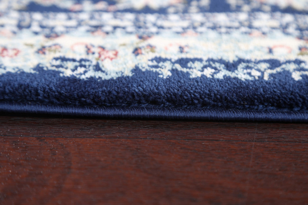 Navy Blue Floral Medallion Transitional Turkish Rug Oriental Carpet 3x8