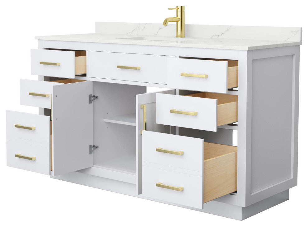 Beckett TK 60" White Single Vanity, Giotto Quartz Top, 1-Hole, Gold Trim