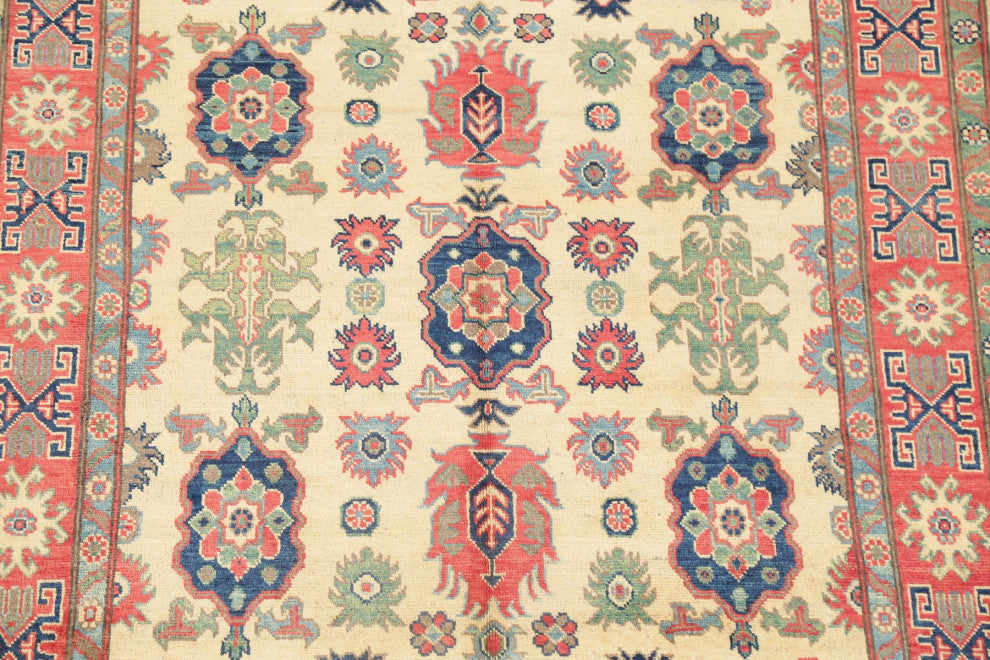 Hand Made Kazak Oriental Traditional Pakistani Area Rug, Beige, 7'5"x5'0