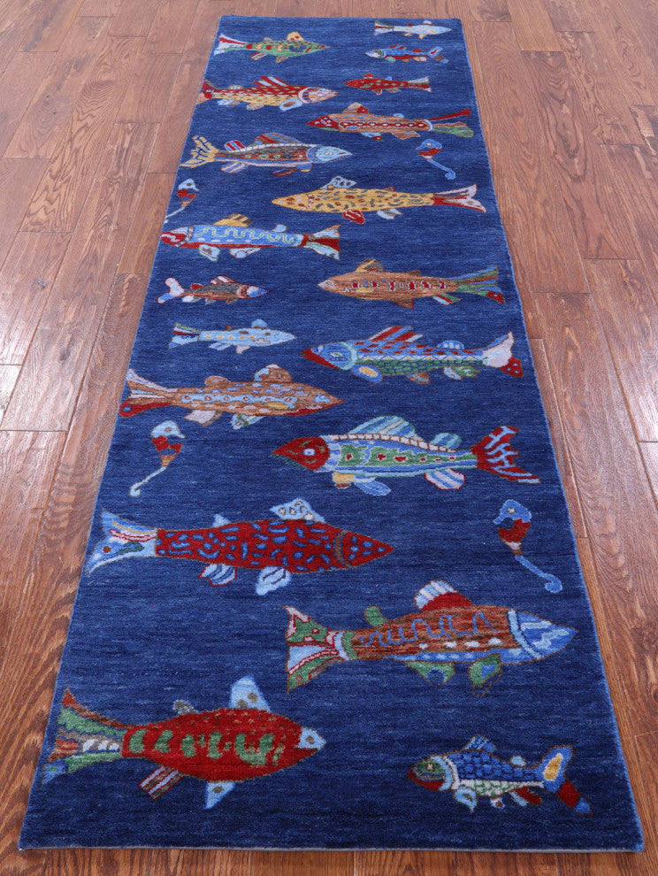 2' 7" X 8' 0" Runner Gabbeh Fish Design Handmade Wool Rug - Q15517