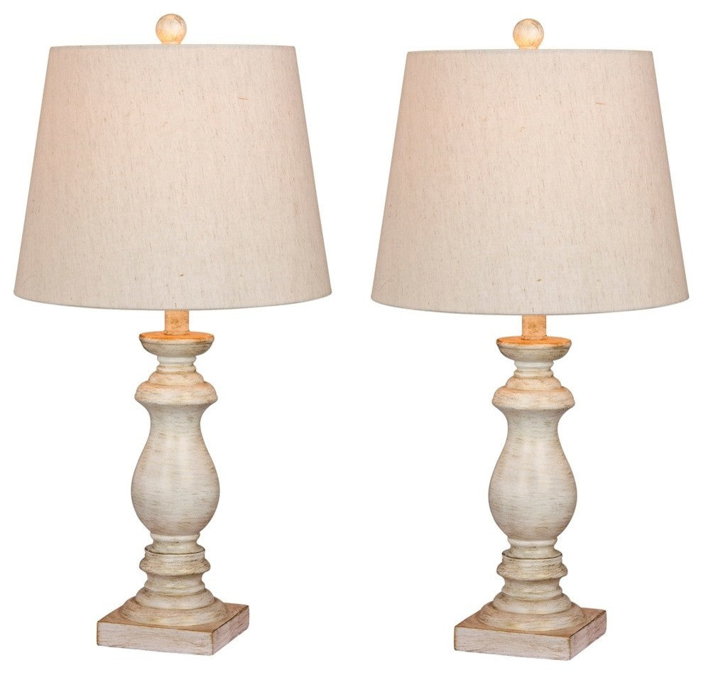 26" Antique Balustrade Column Resin Table Lamp, Set Of 2, Antique White