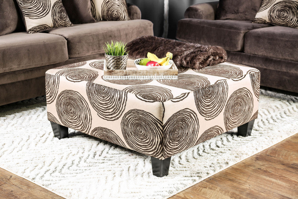Fabric And Wooden Ottoman with Square Design, Brown