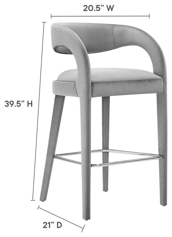 Pinnacle Performance Velvet Bar Stool Set of 2, Gray Silver