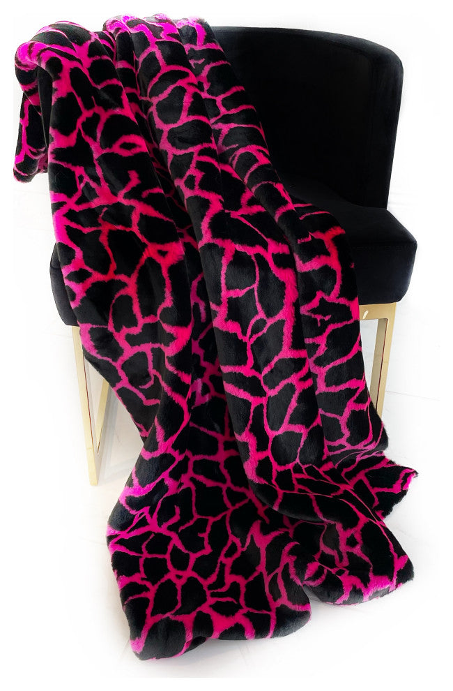 Pink Black Plush Faux Fur Luxury Throw Blanket, Throw 60Wx96L