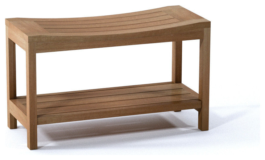Outdoor Teak Patio Praha Shower Spa Bench With Bottom Shelf, 30"