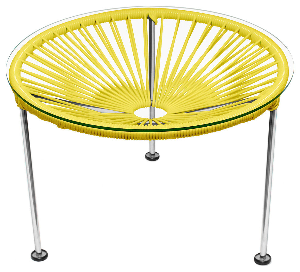 Zicatela Indoor/Outdoor Handmade Side Table, Yellow Weave, Chrome Frame