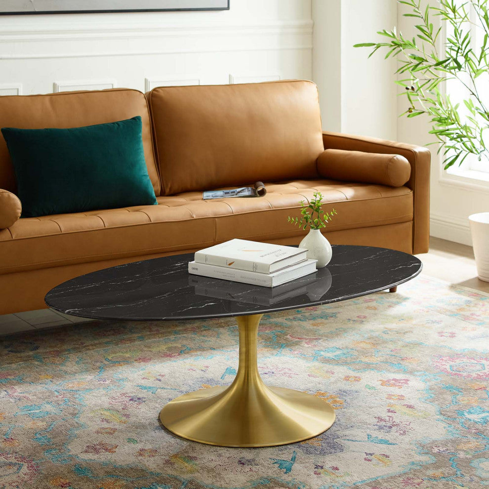 Coffee Table, Oval, Artificial Marble, Metal, Gold Black, Modern, Lounge