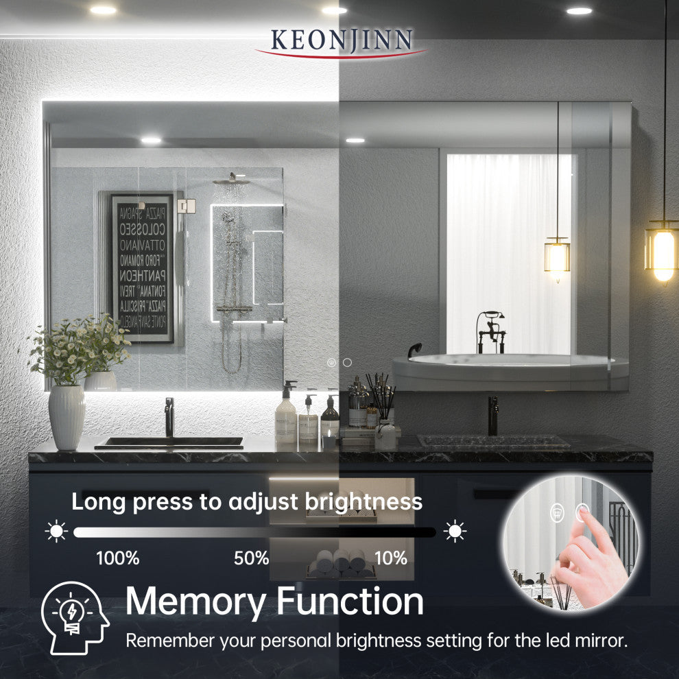 Backlit LED Mirror for Bathroom, Anti-Fog Dimmable, Silver, 72x36