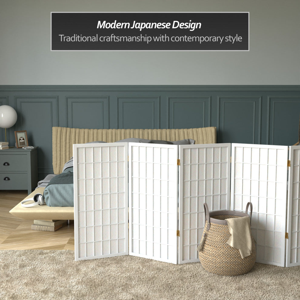 3' Tall Window Pane Shoji Screen, White, 5 Panels