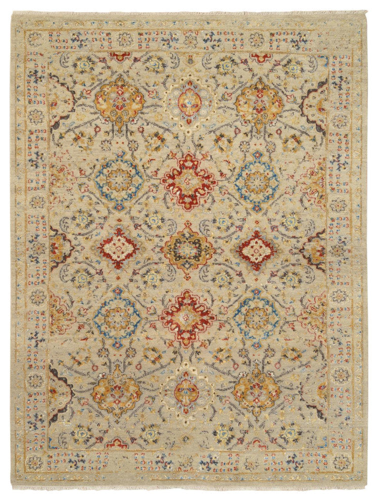 Beige, Hand Knotted, THE SUNSET ROSETTES Wool and Pure Silk, Rug, 5'3" x 7'0"