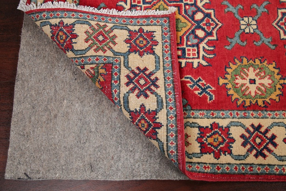 Traditional Pakistani Kazak Wool Hand-Knotted Oriental Area Rug, Red, 4'1"X2'9"