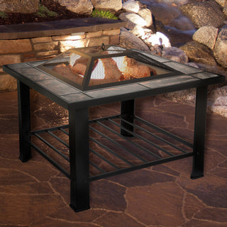 Pure Garden 30 Inch Square Fire Pit And Table With Cover, Black