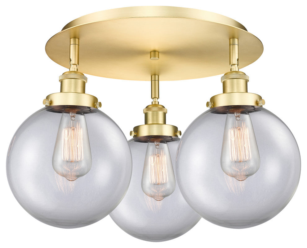Canton-3 Light 20" Flush Mount-Satin Gold, Clear Glass Shade