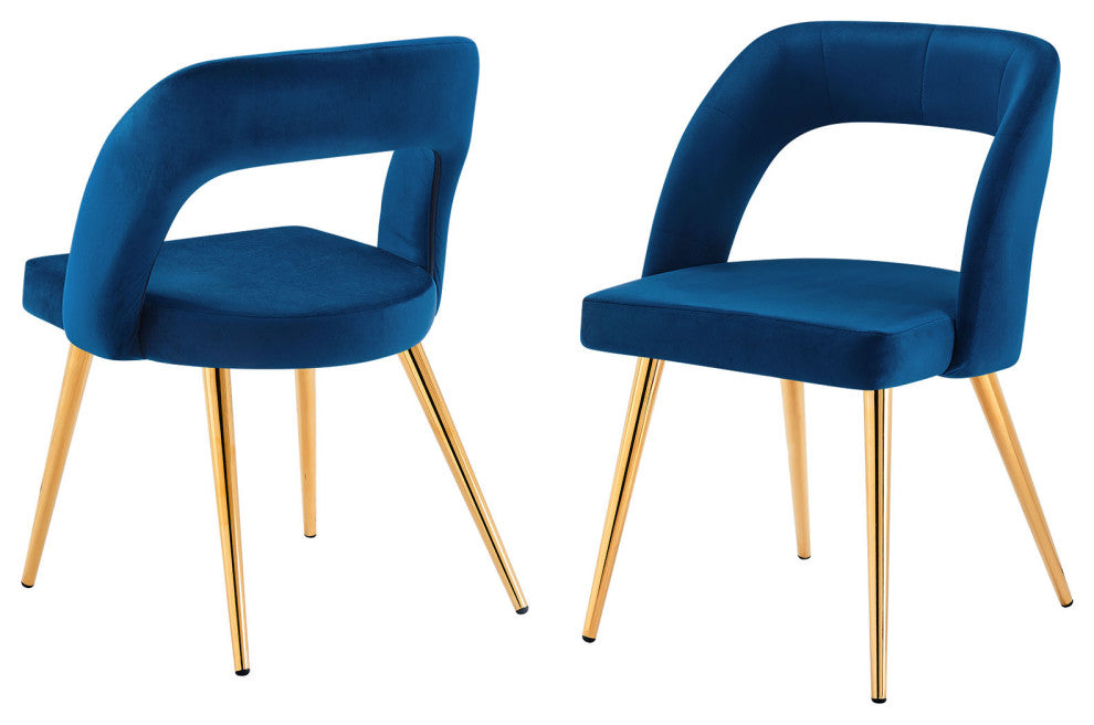 Dining Chair, Set of 2, Navy Gold, Velvet, Modern Cafe Bistro Hospitality