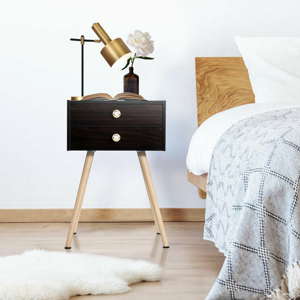 Mid Century Modern 2 Drawers Nightstand Sofa Side Table End Table Espresso