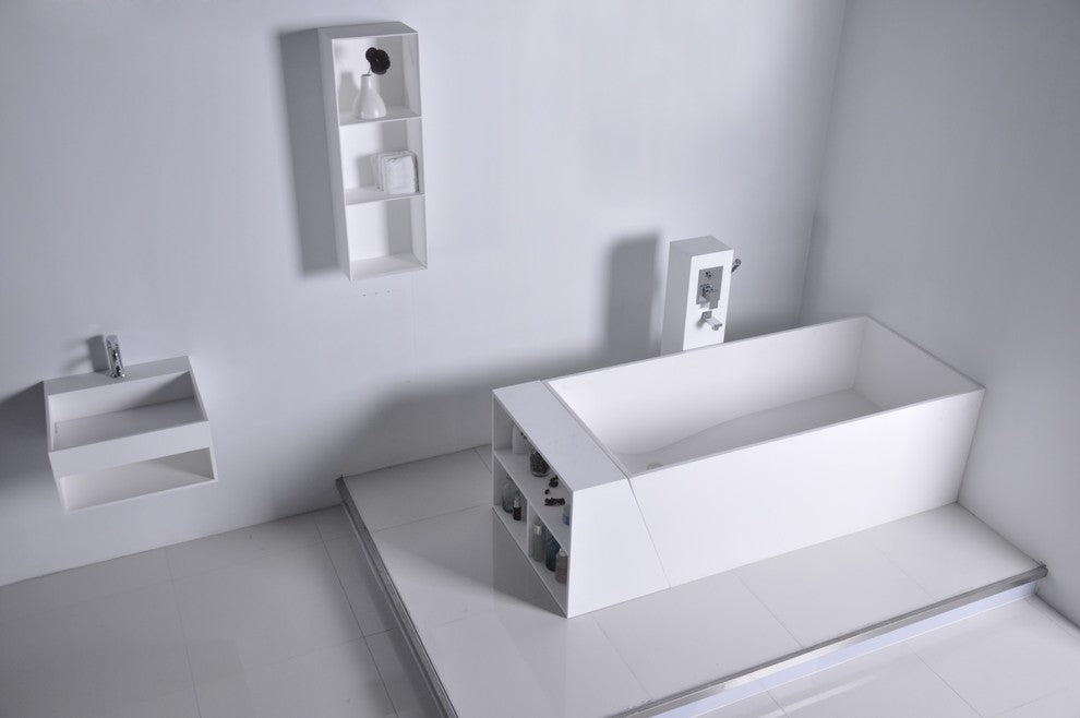 ADM Shelved Rectangular Freestanding Bathtub, Matte White, 62.9"