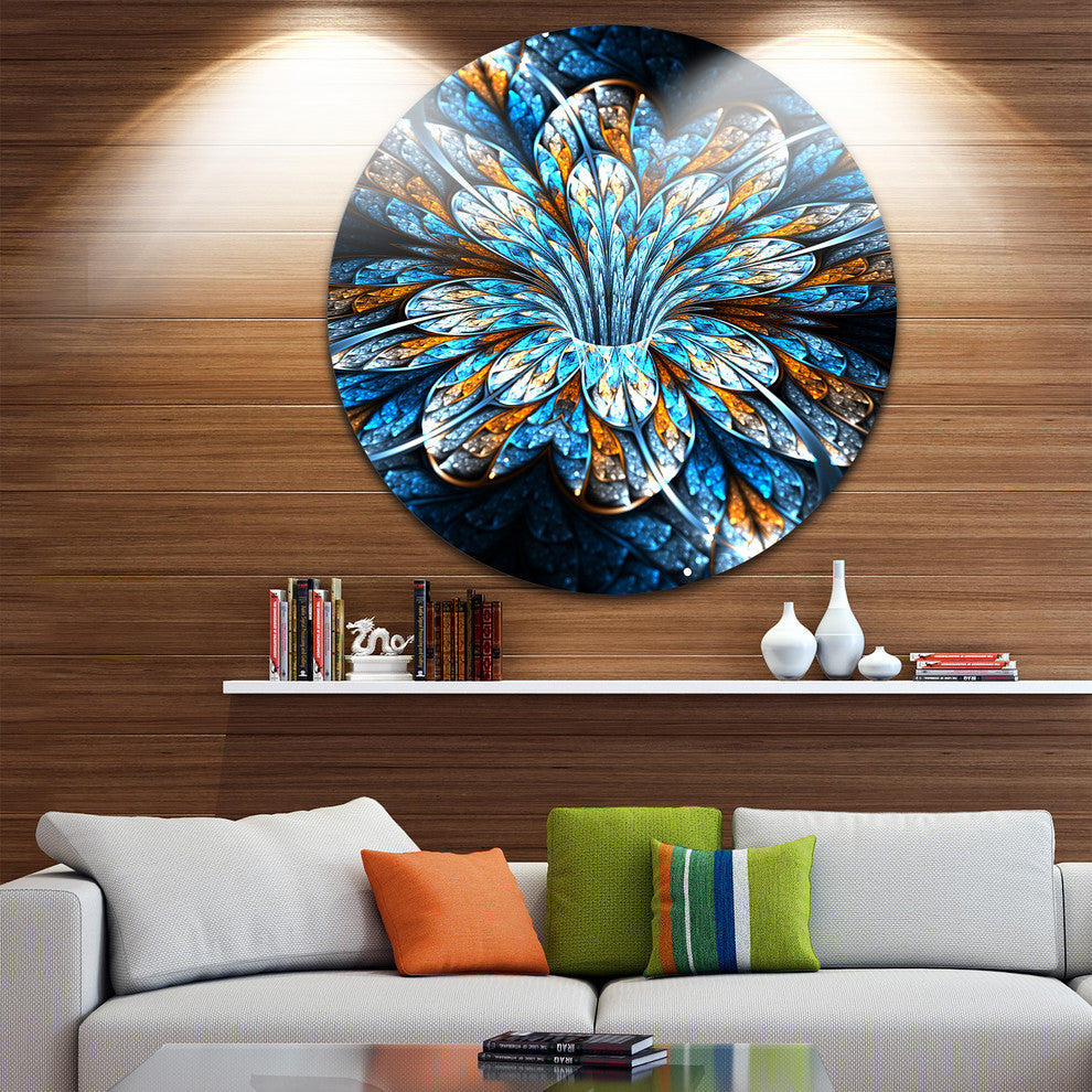 Turquoise Fractal Flower In Dark, Floral Abstract Round Artwork, 11"