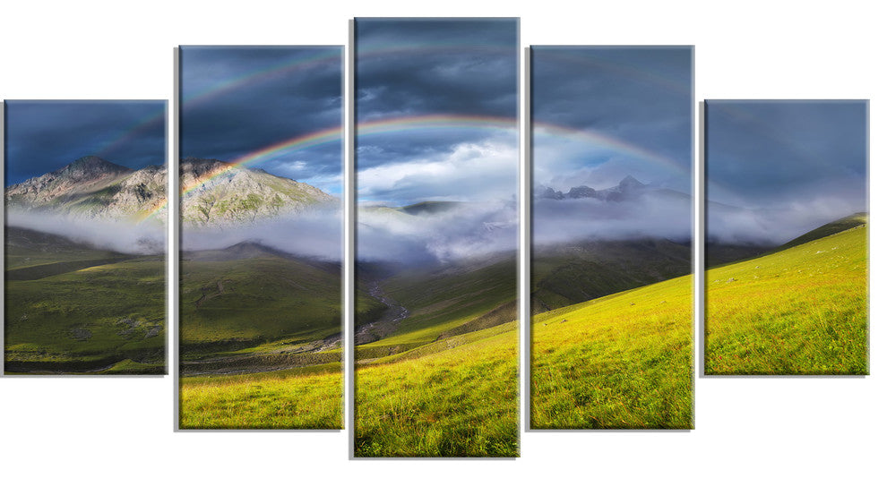 Rainbow in Mountain Valley, Landscape Canvas Art Print, 60"x32", 5 Panels