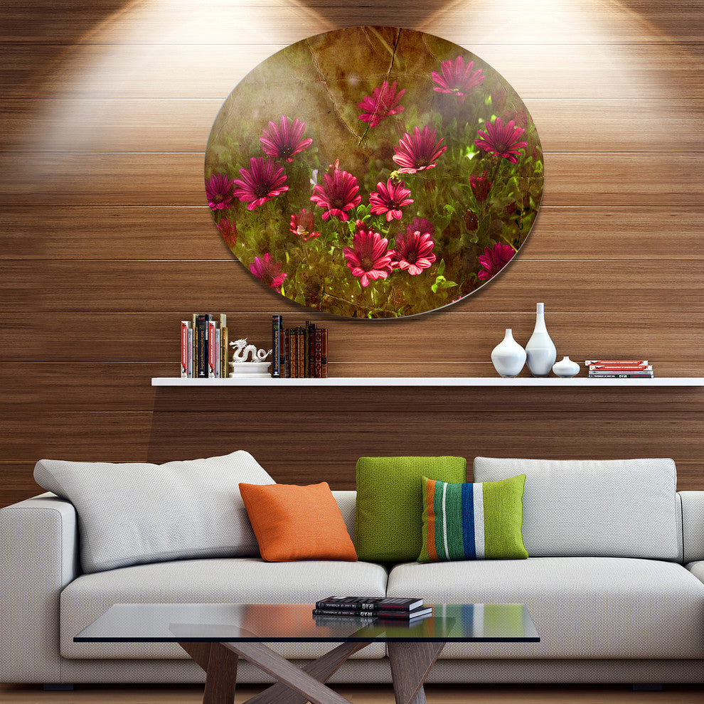 Spring Garden With Little Red Flowers, Floral Disc Metal Wall Art, 11"