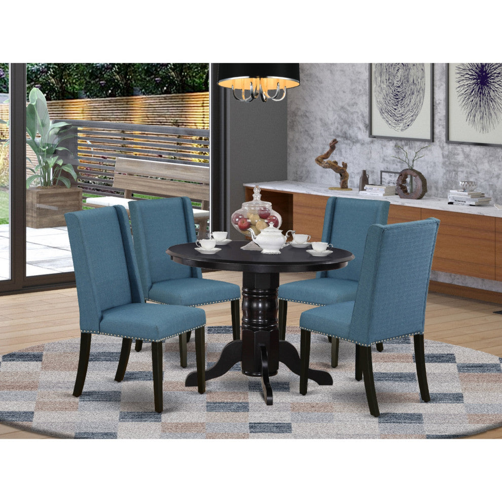 5-Piece Set, 4 Chairs and Table Solid Wood Frame, High Back and Black