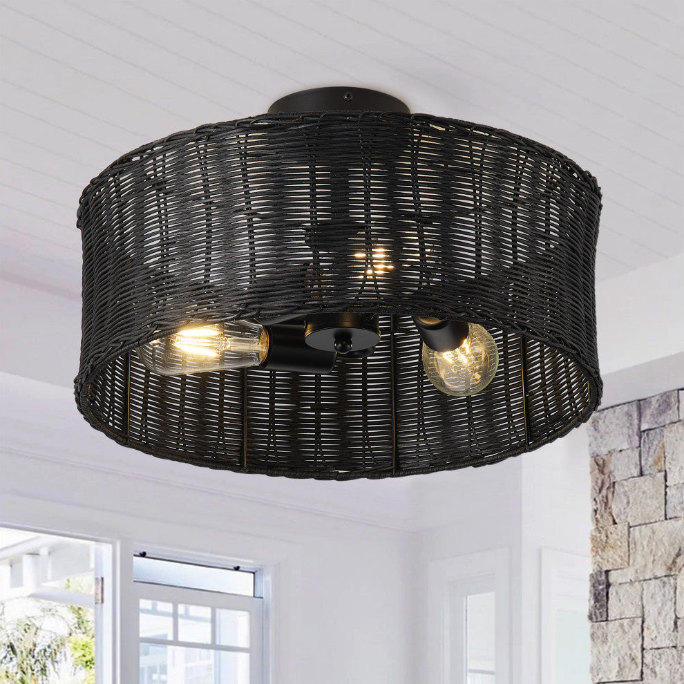 Farmhouse Woven Rattan 3-Light Drum Semi Flush Mount Ceiling Light