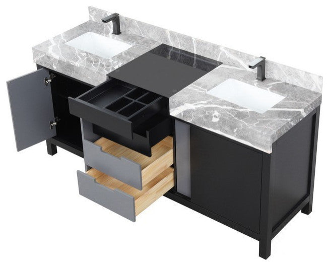 Zilara 72" Black and Grey Double Vanity, Balzani Gun Metal Faucet Set