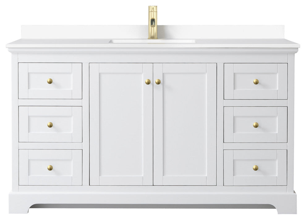 60" Single Bath Vanity, White, White Cult. Marble Countertop, Sink, Gold Trim