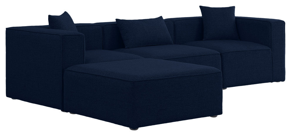 Cube Upholstered Modular Sectional, Navy, 4-Piece: 1 Armless Chair, 2 Corner Chair, 1 Ottoman, Linen Texured Fabric