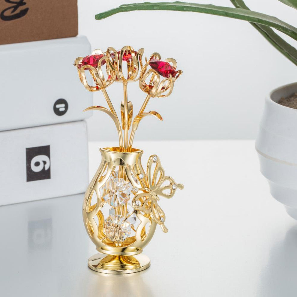 Matashi 24K Gold Plated Flower Ornament in Vase w Crystals Decorative Butterfly
