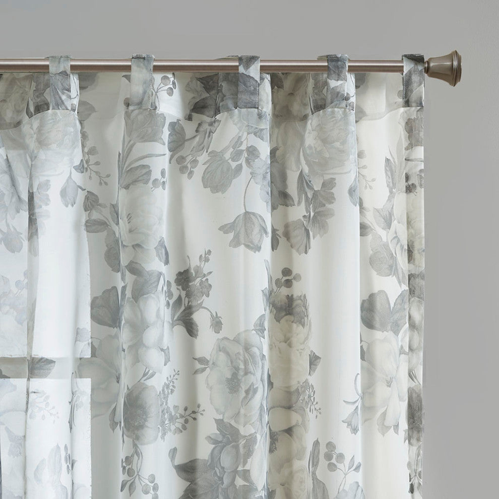Madison Park Simone Printed Floral Rod Pocket and Back Tab Voile Sheer Curtain