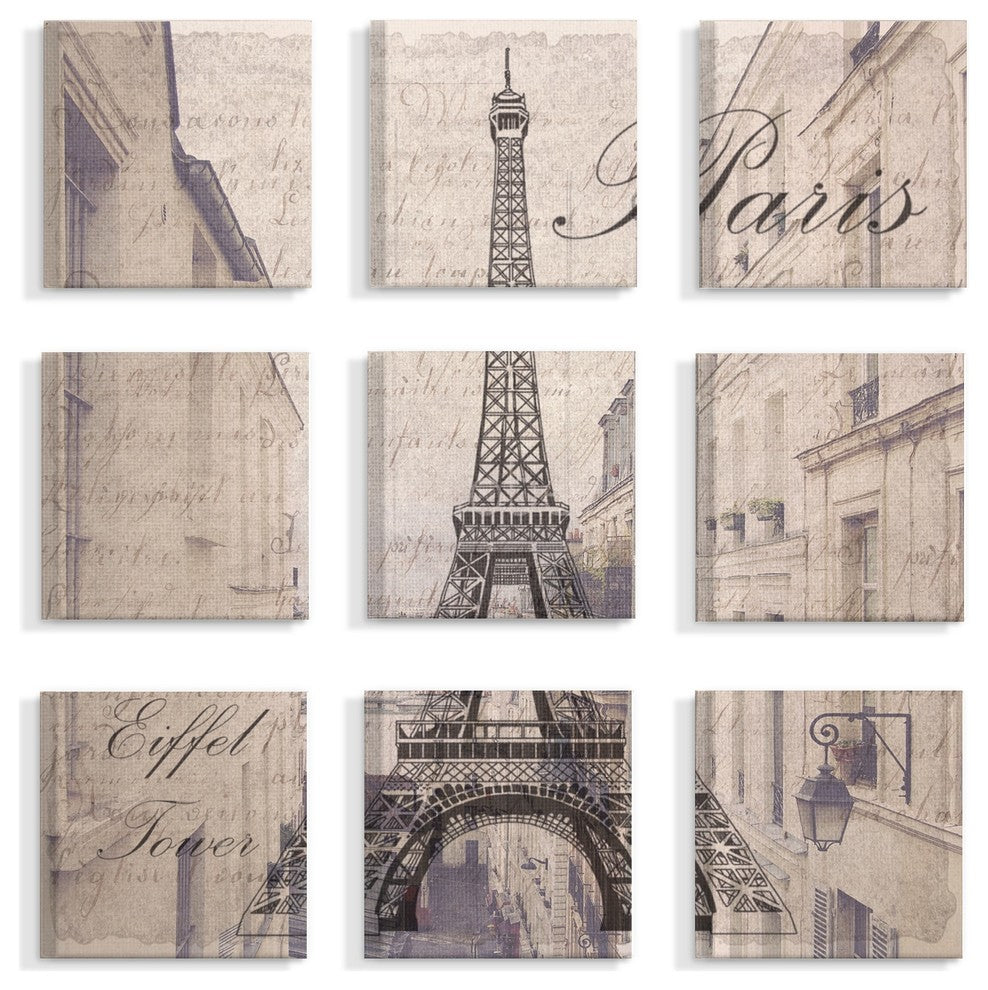 Postcard Eiffel Tower Over Paris Apartments 9-Piece Canvas Art Set, 12"x12"
