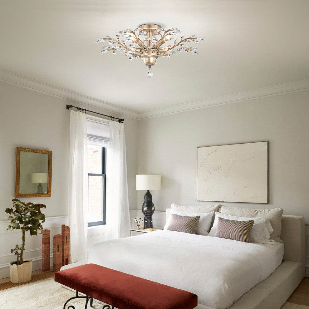 Cathy 4-Light Crystal Leaves Flush Mount in Brushed Champagne Silver Finish