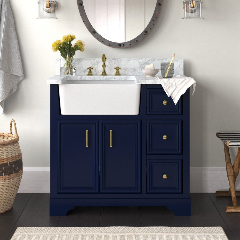 Zelda 36" Bathroom Vanity, Base: Royal Blue, Top: Carrara Marble