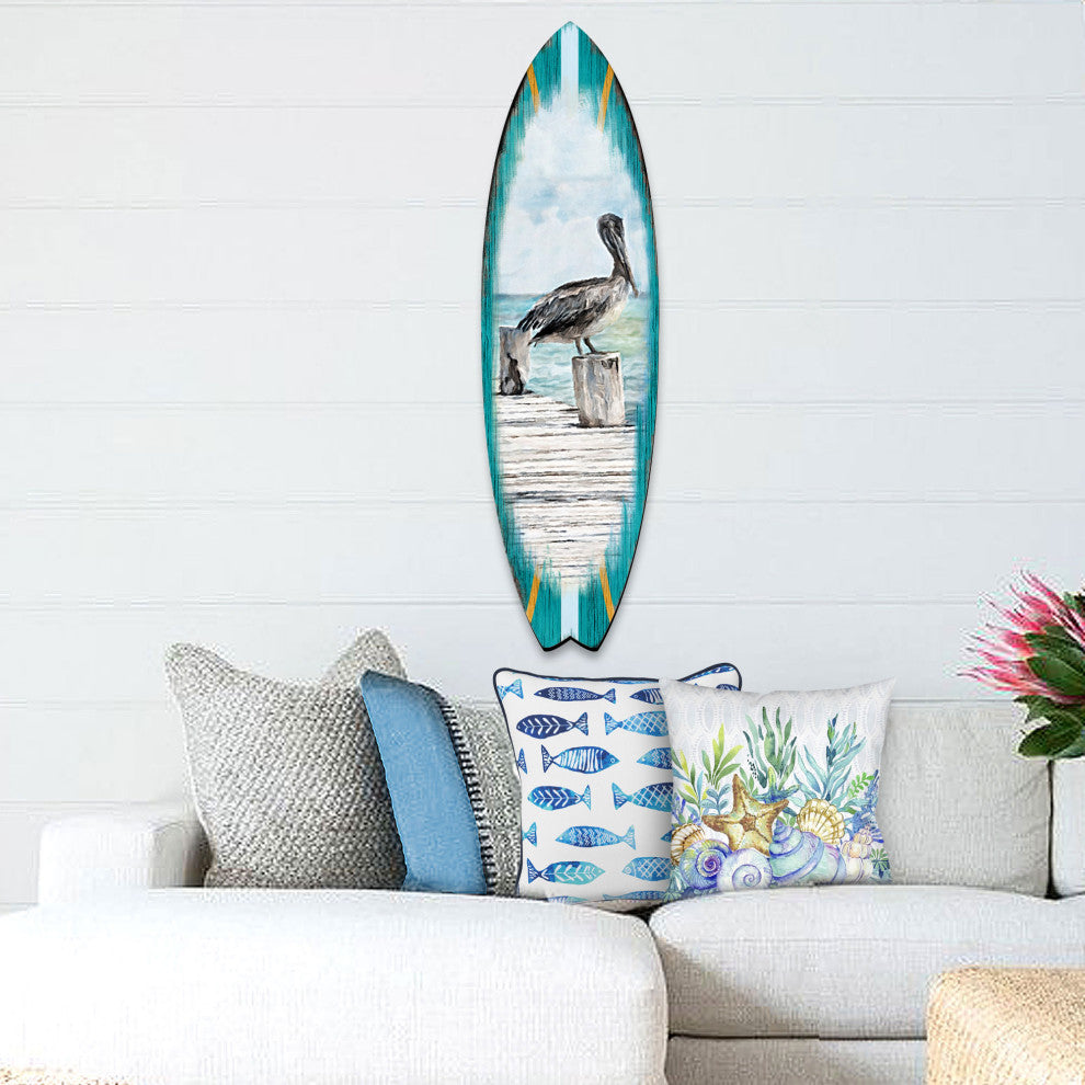 Pelican Surfboard Coastal Door Art, Approximate Size: 24x7