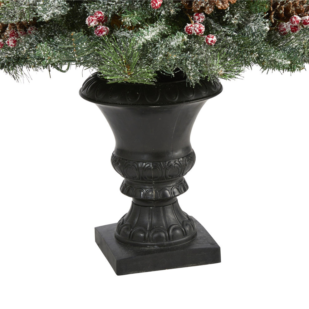 4' Frosted Pine, Pinecone & Berries Faux Xmas Tree W/100 Clear Lights, Urn