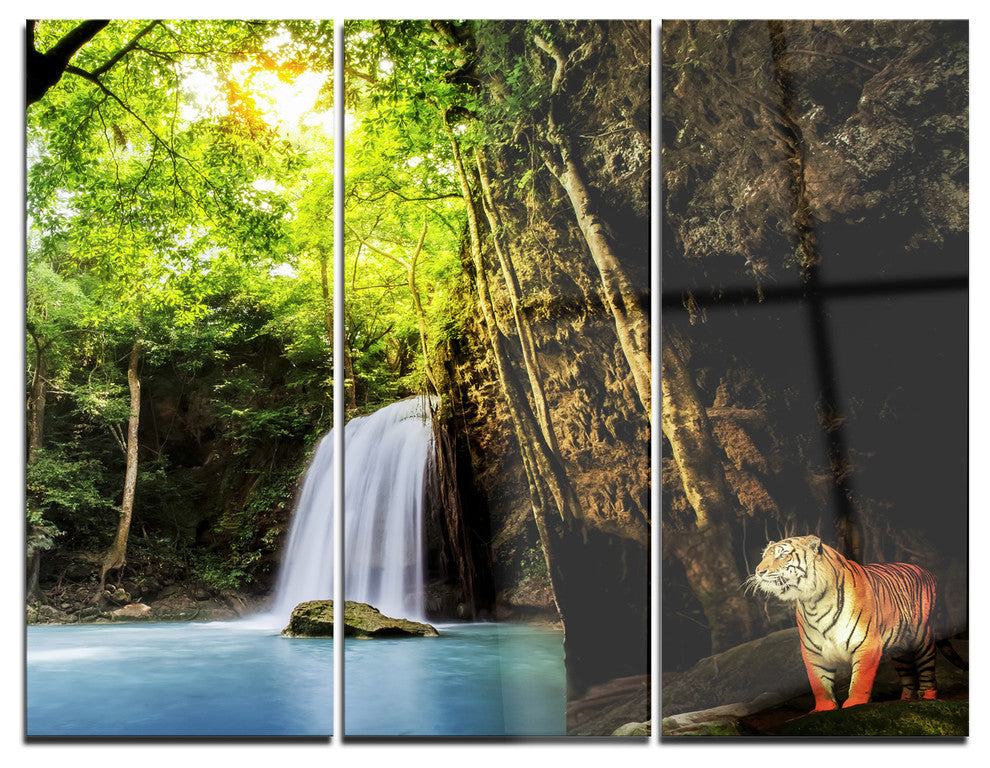 "Tiger Watching Waterfall" Photography Metal Wall Art, 3 Panels, 36"x28"