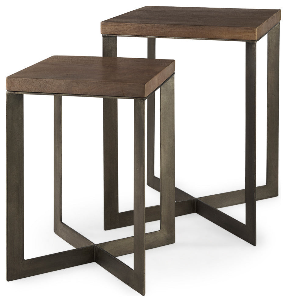 Faye 2-Piece Medium Brown Wood With Metal Base Accent Table Set