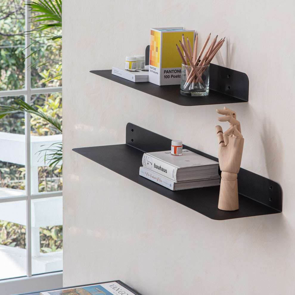 Saffron Fabs Metal Wall Shelves, Black, 2 Piece Set: 24x8 & 36x8