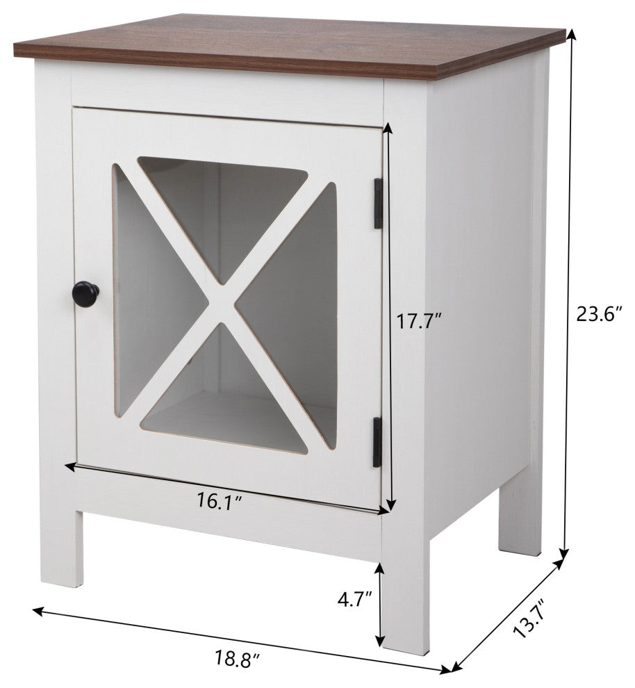 2 Set Wood Nightstand with Glass Door in White