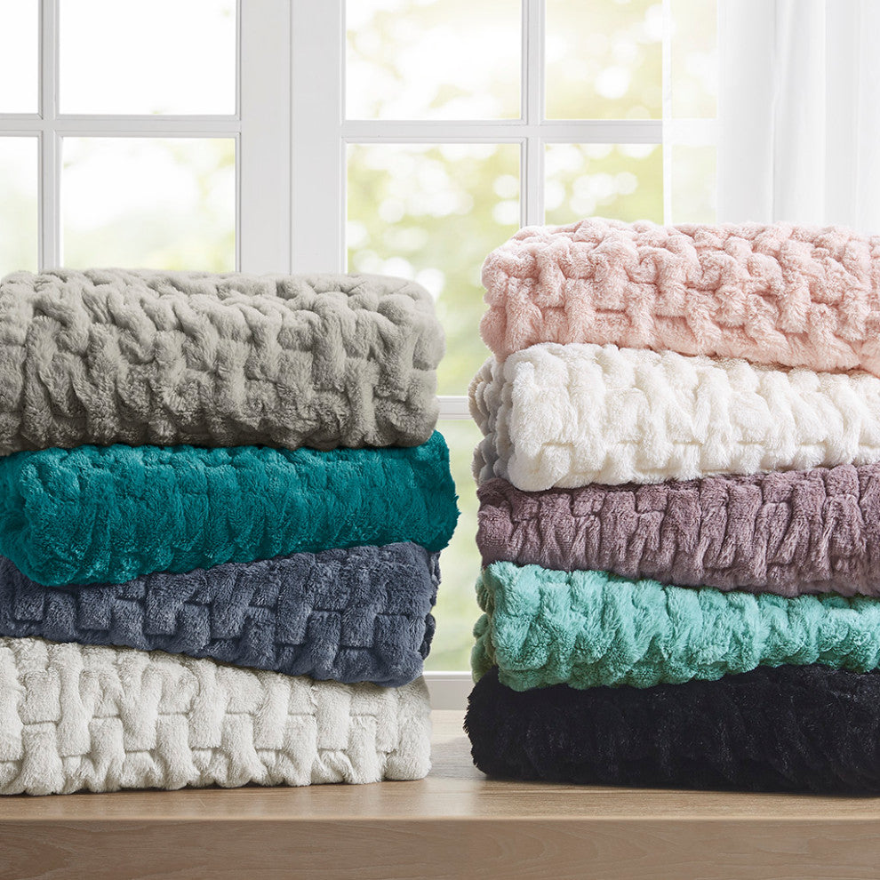Madison Park Ruched Fur Throw, Ivory